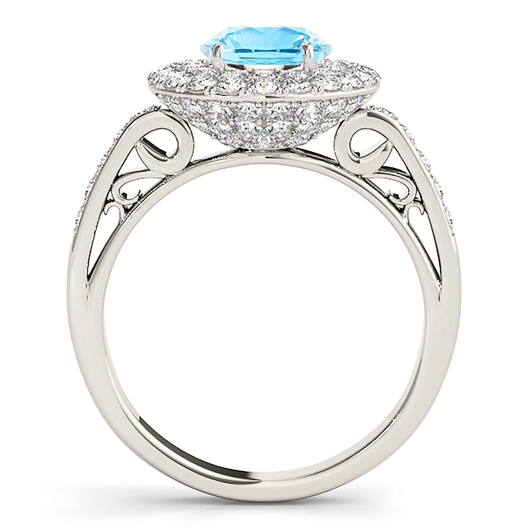 1.10 ct. Genuine Aquamarine Ring With 1.00 ctw. Diamond 3 D Halo And Fancy Hand Carved Diamond Band-VIRABYANI